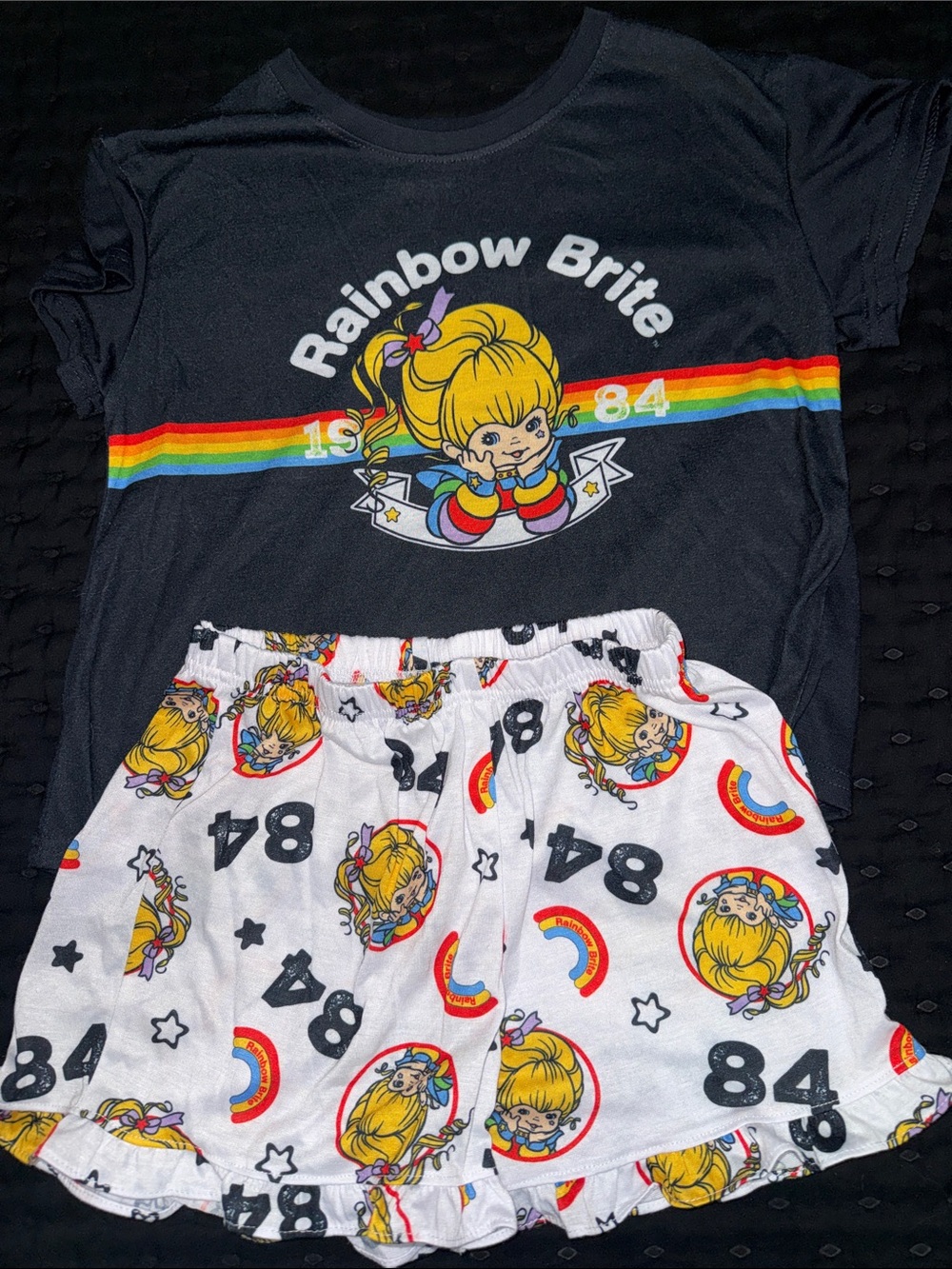 Rainbow Kids Pajama Set - Black Top & White Ruffle Shorts with Rainbow Brite